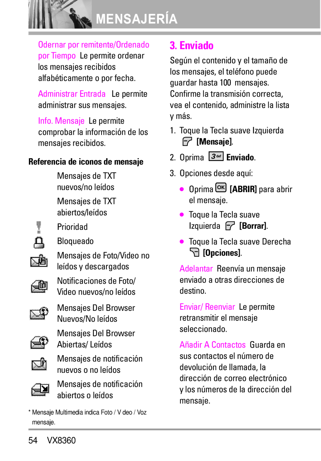 Verizon VX8360 manual Enviado, Prioridad Bloqueado, Referencia de iconos de mensaje 