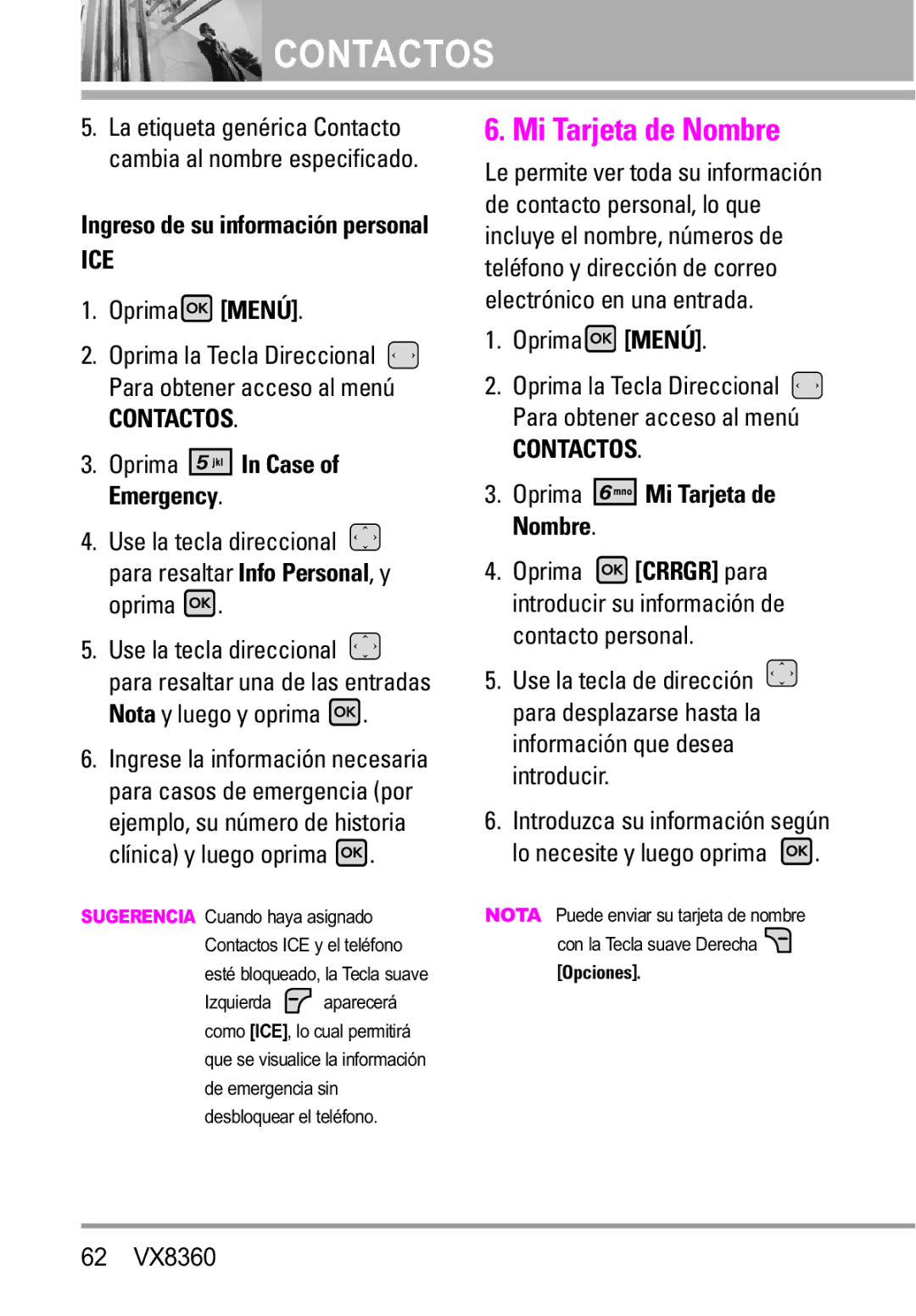 Verizon VX8360 manual Oprima Mi Tarjeta de Nombre, Oprima In Case of Emergency 