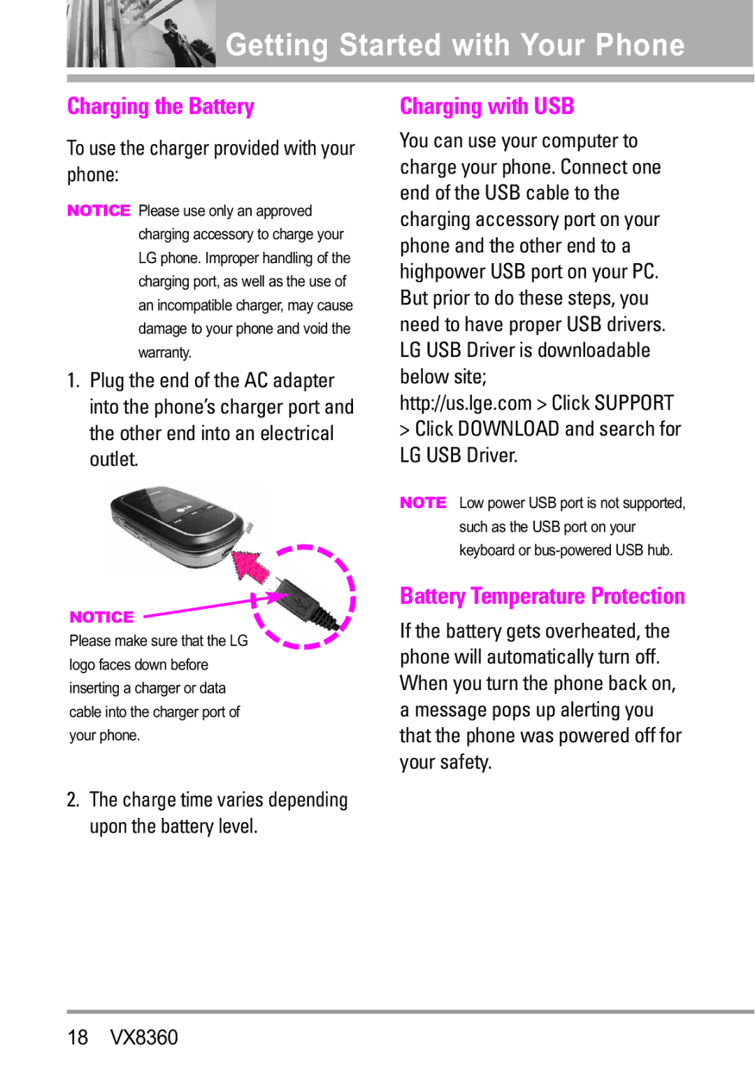 Verizon VX8360 Getting Started with Your Phone, Charging the Battery, Charging with USB, Battery Temperature Protection 