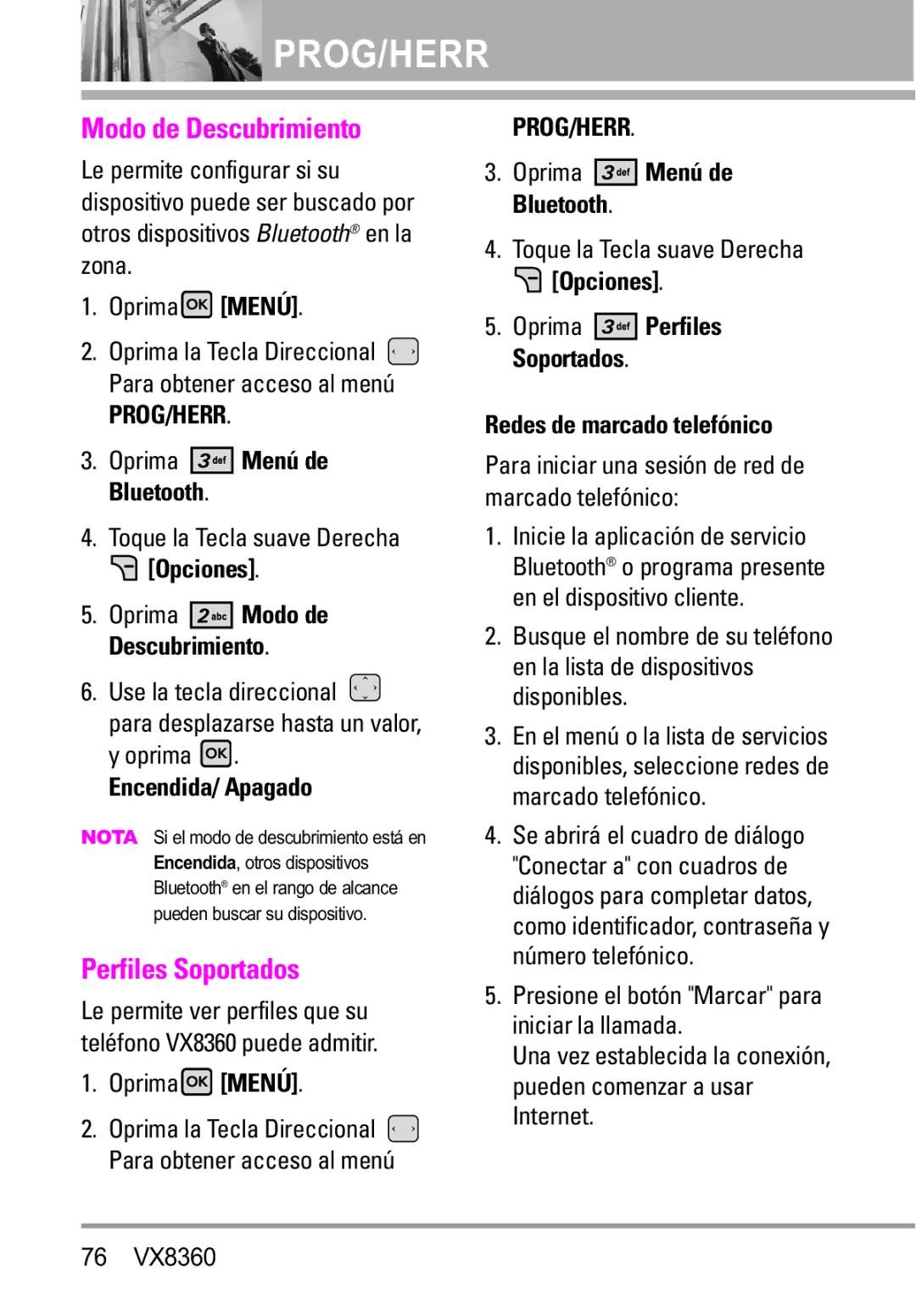 Verizon VX8360 manual Modo de Descubrimiento, Perfiles Soportados, Encendida/ Apagado, Redes de marcado telefónico 