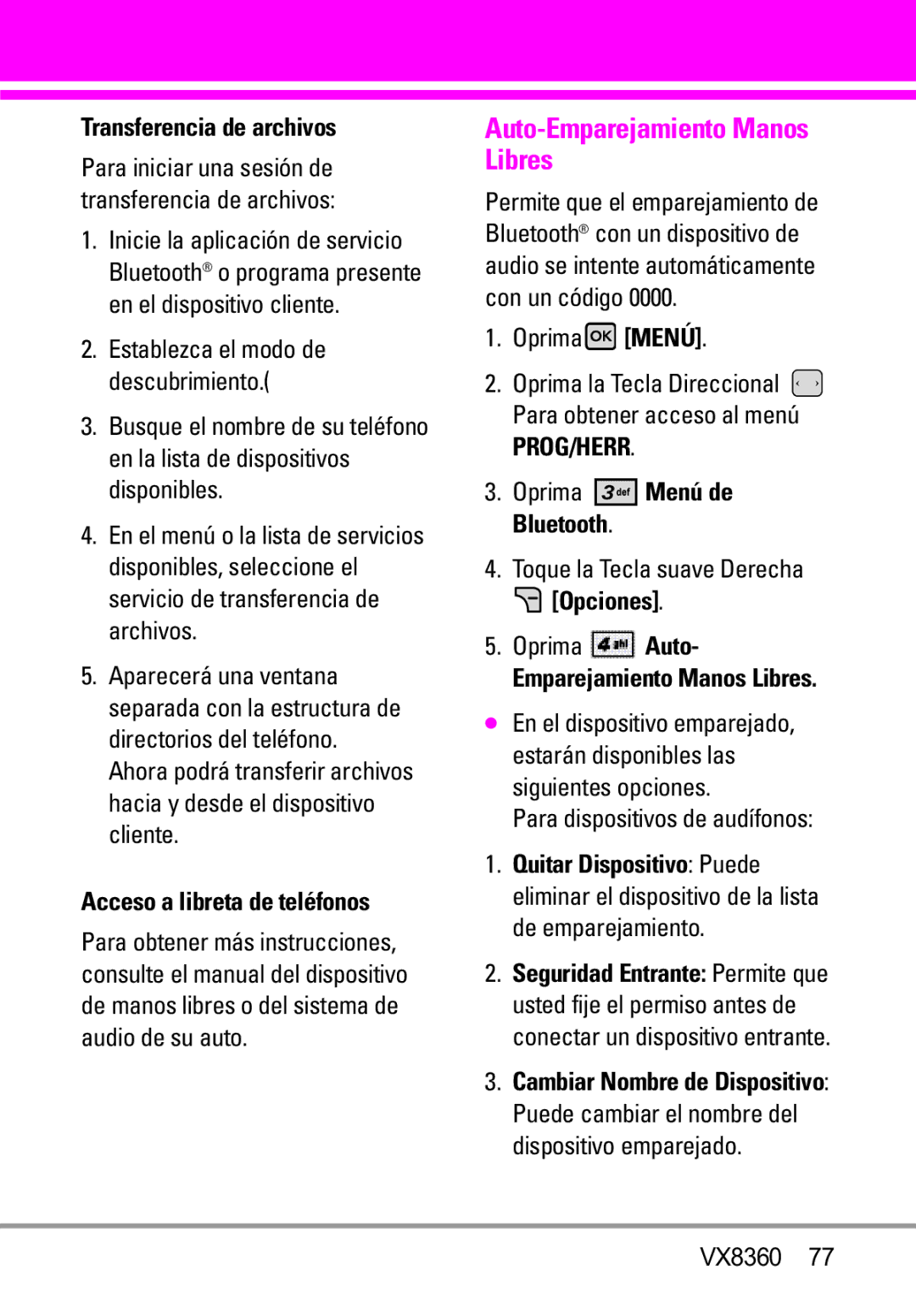 Verizon VX8360 manual Auto-Emparejamiento Manos Libres, Transferencia de archivos, Acceso a libreta de teléfonos 