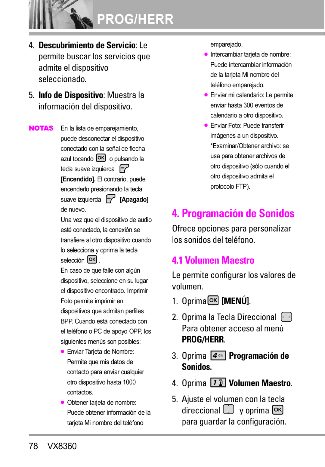 Verizon VX8360 manual Oprima Programación de Sonidos, Ajuste el volumen con la tecla, Oprima Volumen Maestro 