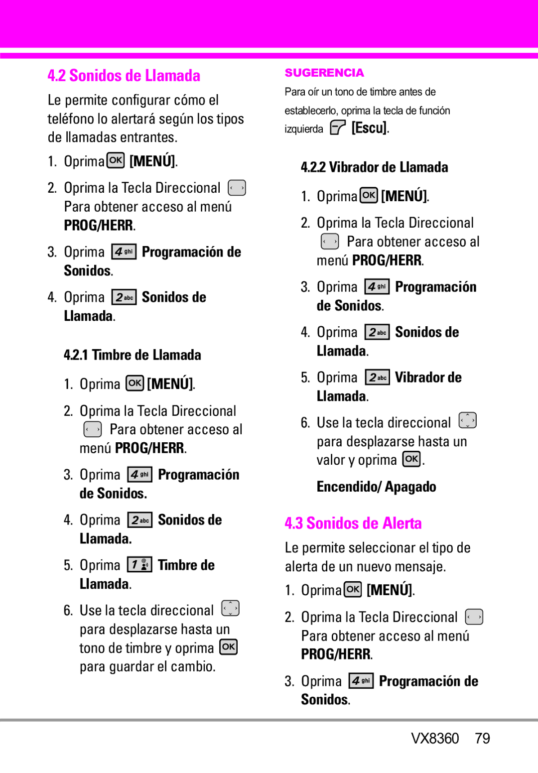 Verizon VX8360 manual Sonidos de Alerta, Timbre de Llamada, Oprima Sonidos de Llamada, Vibrador de Llamada 