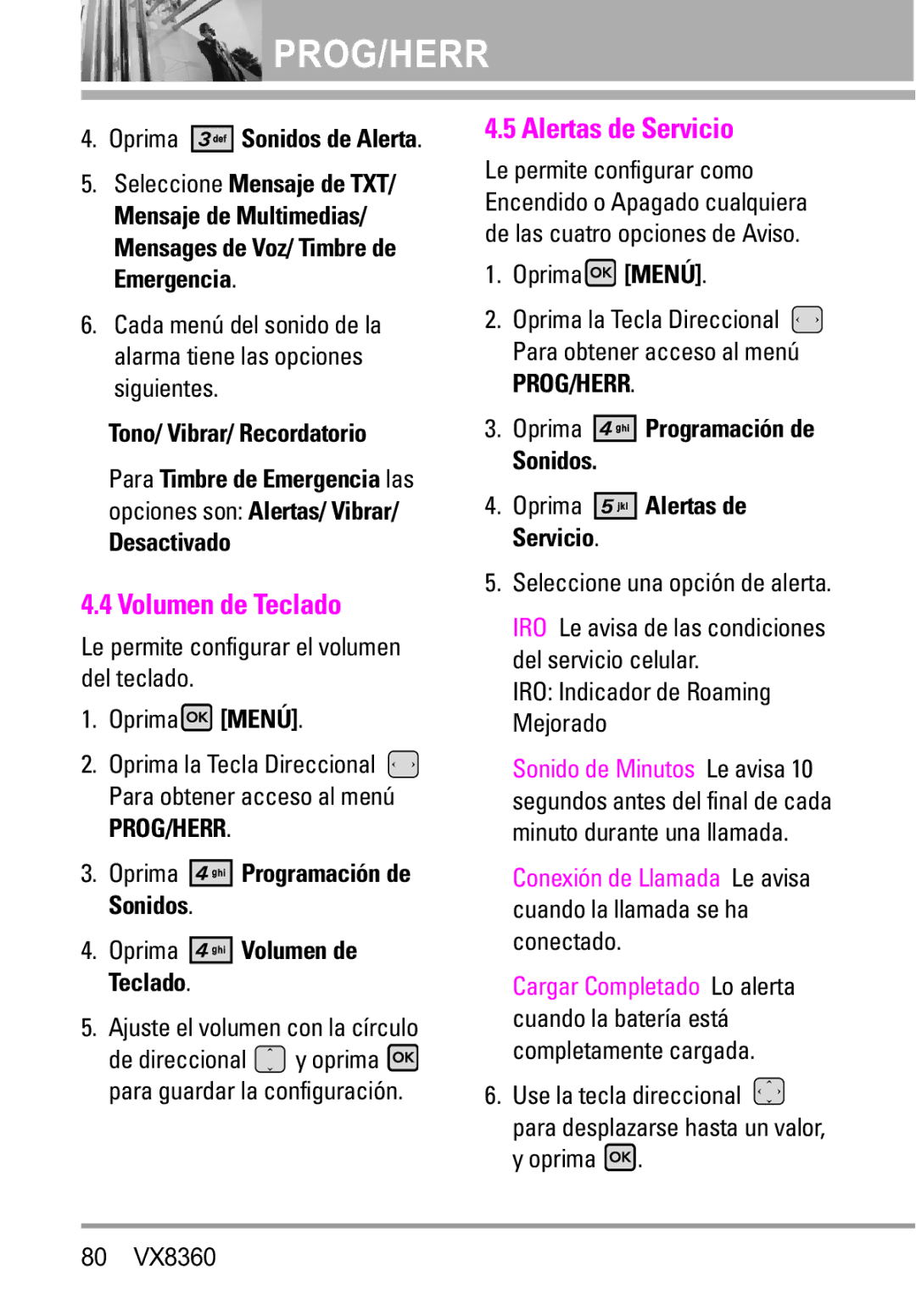 Verizon VX8360 Volumen de Teclado, Alertas de Servicio, Seleccione Mensaje de TXT, Tono/ Vibrar/ Recordatorio, Desactivado 