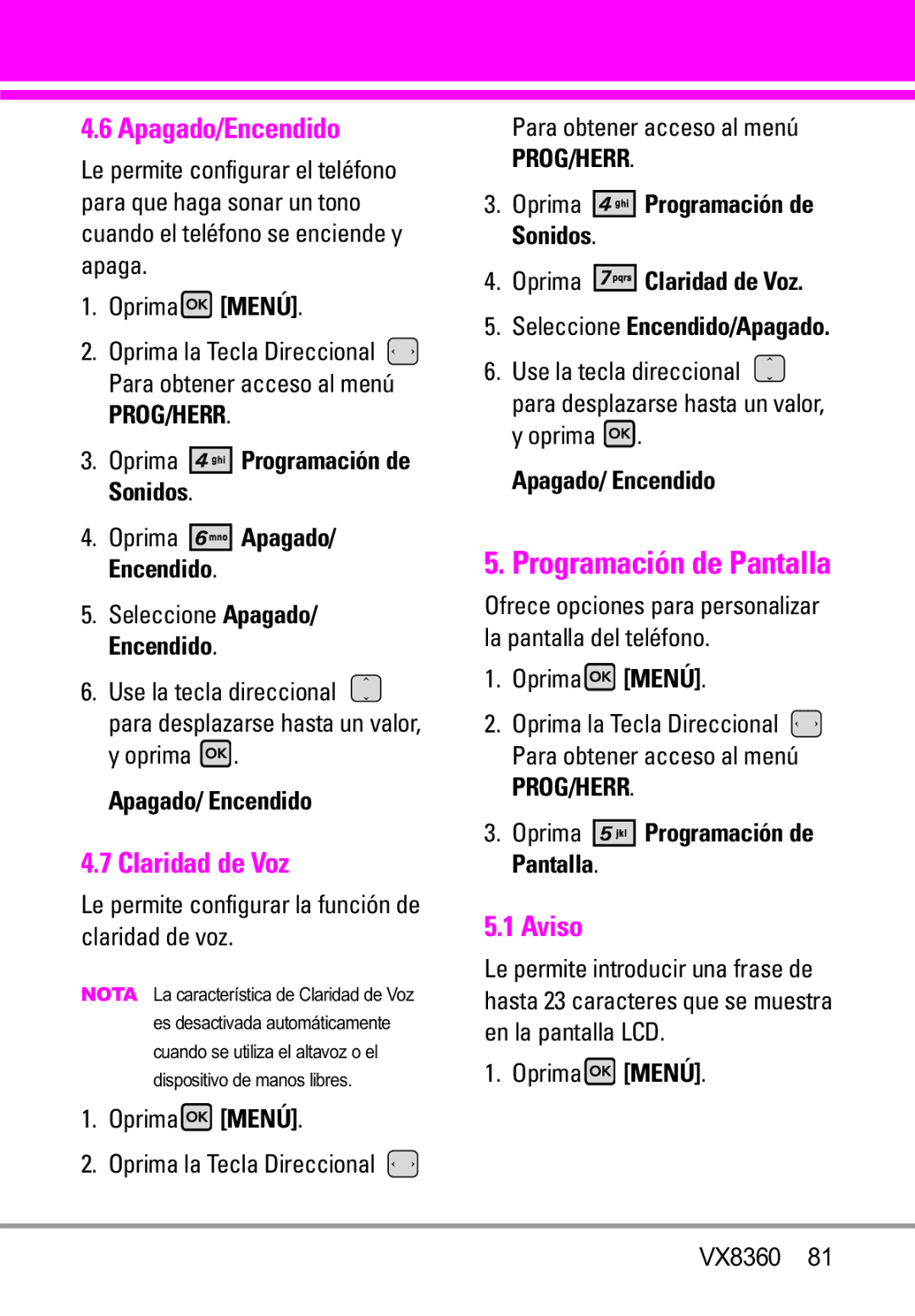 Verizon VX8360 manual Apagado/Encendido, Claridad de Voz, Programación de Pantalla, Aviso 