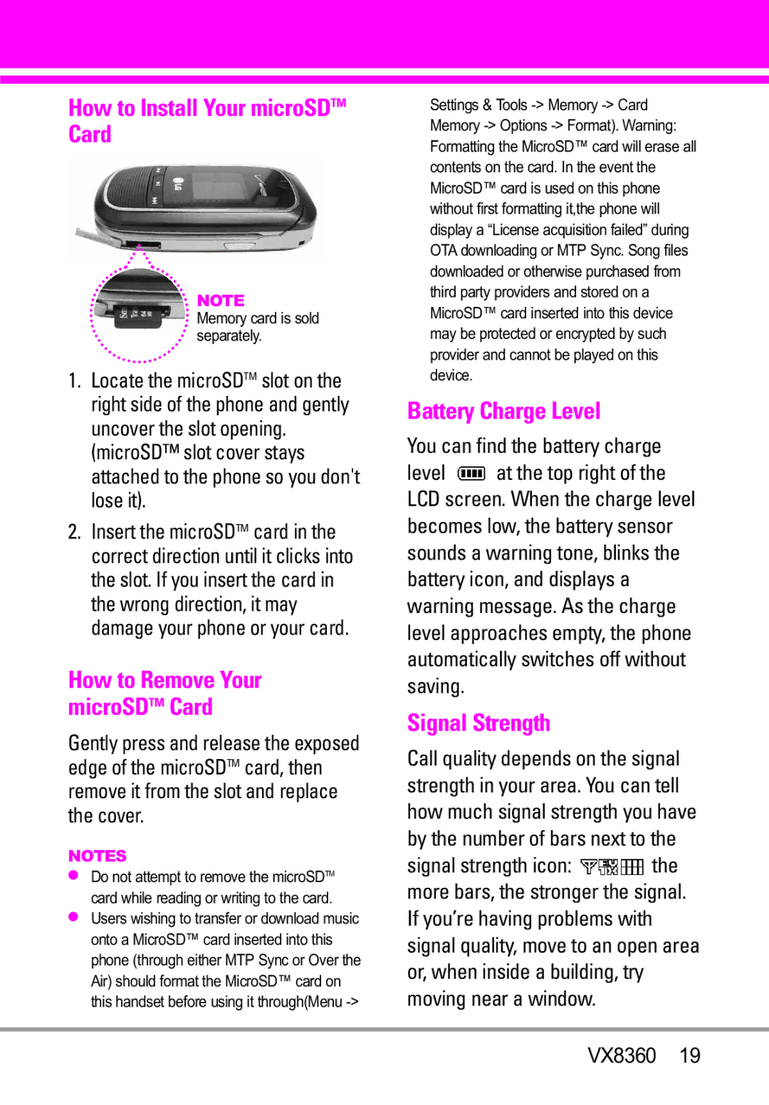 Verizon VX8360 How to Install Your microSDTM Card, Battery Charge Level, Signal Strength, You can find the battery charge 