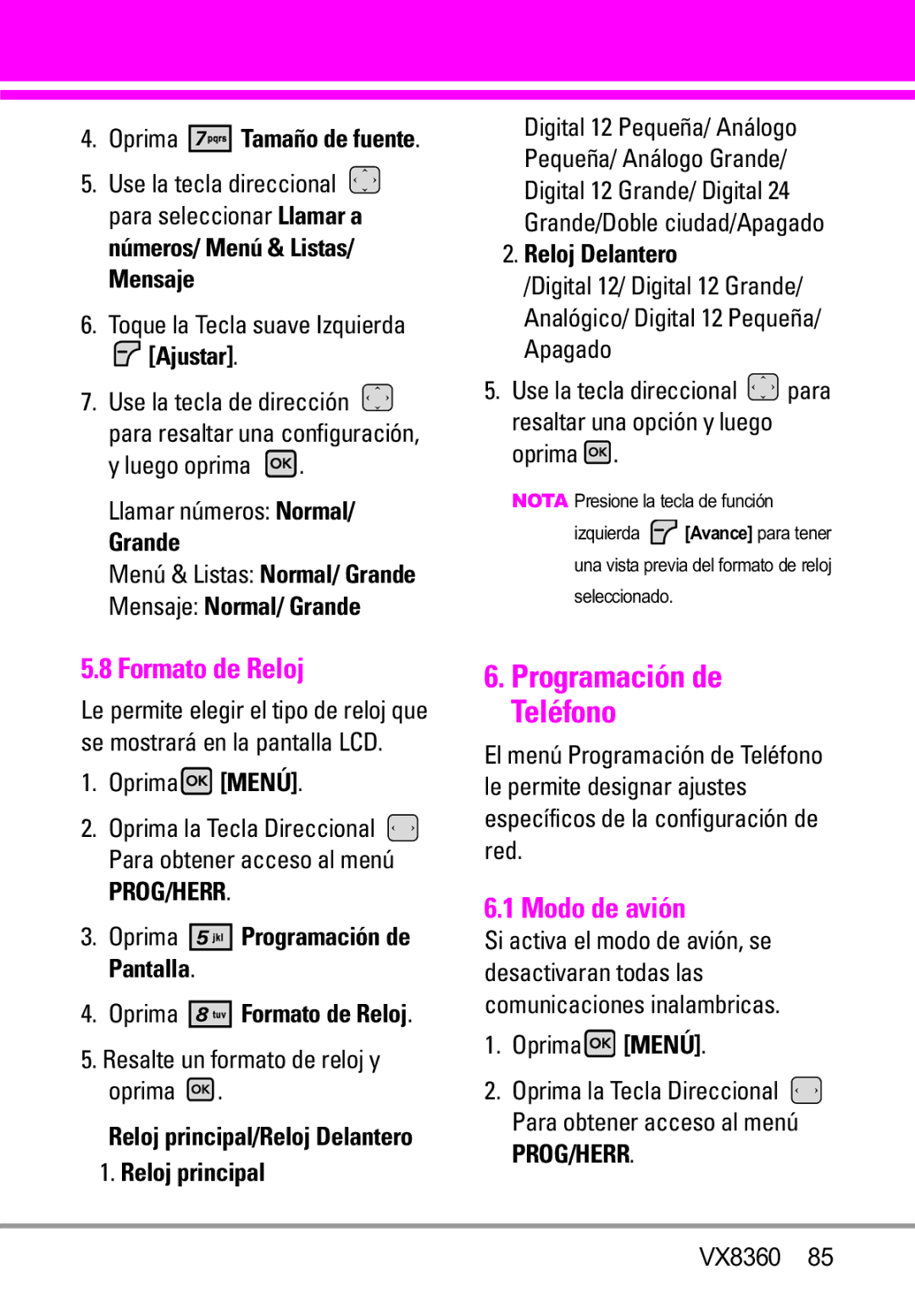 Verizon VX8360 manual Programación de Teléfono, Formato de Reloj, Modo de avión 