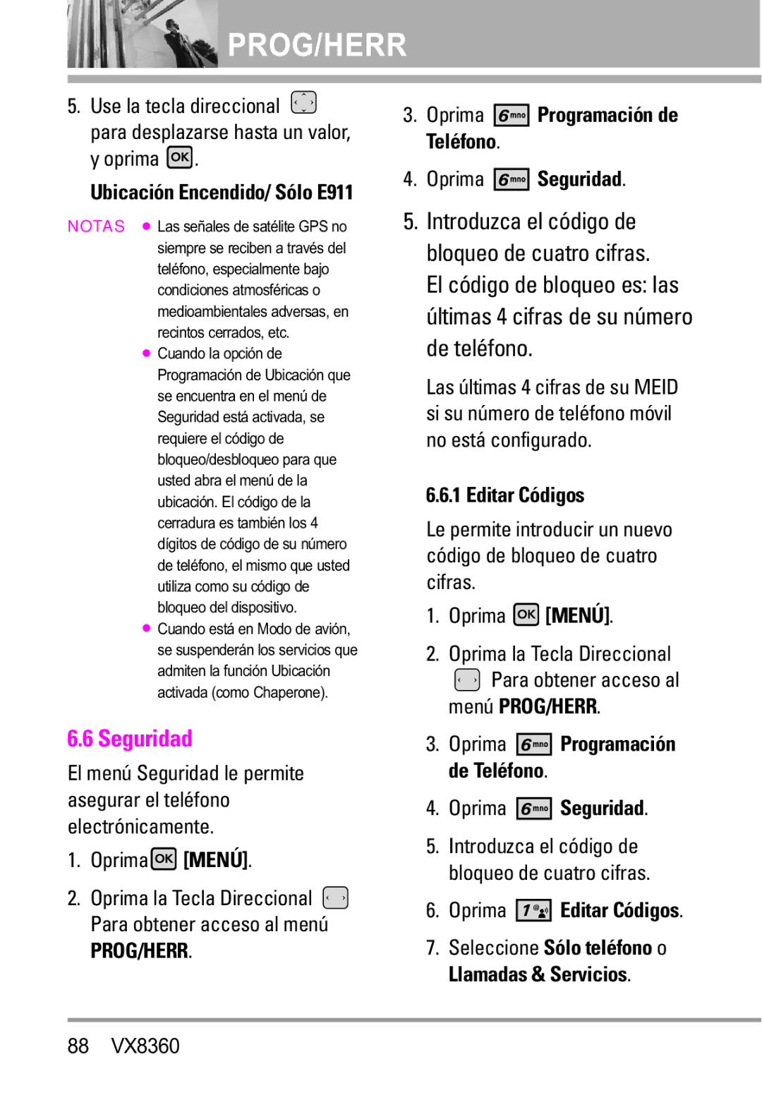 Verizon VX8360 manual Oprima Seguridad, Oprima Editar Códigos 