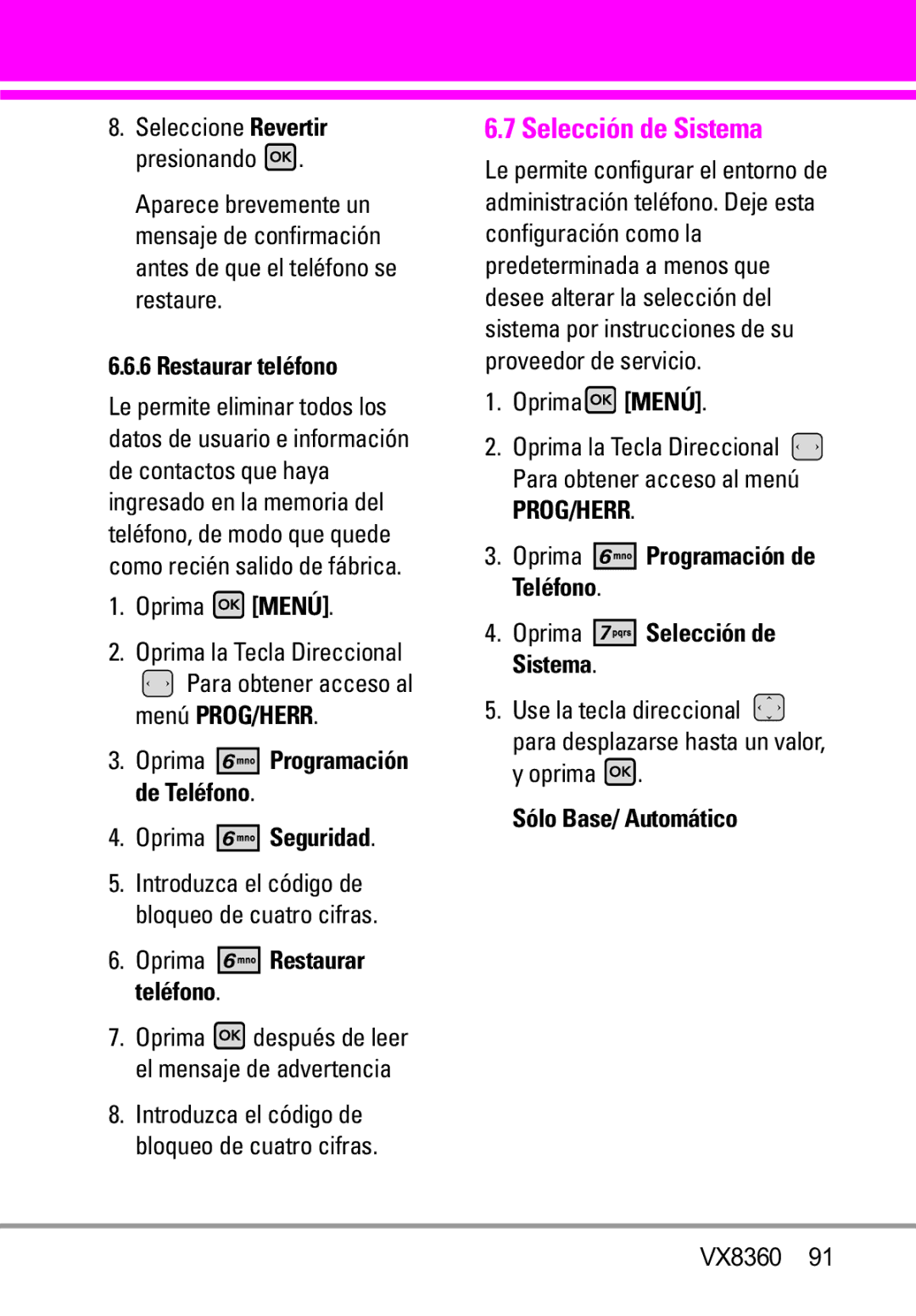 Verizon VX8360 manual Selección de Sistema, Sólo Base/ Automático, Oprima Restaurar teléfono 