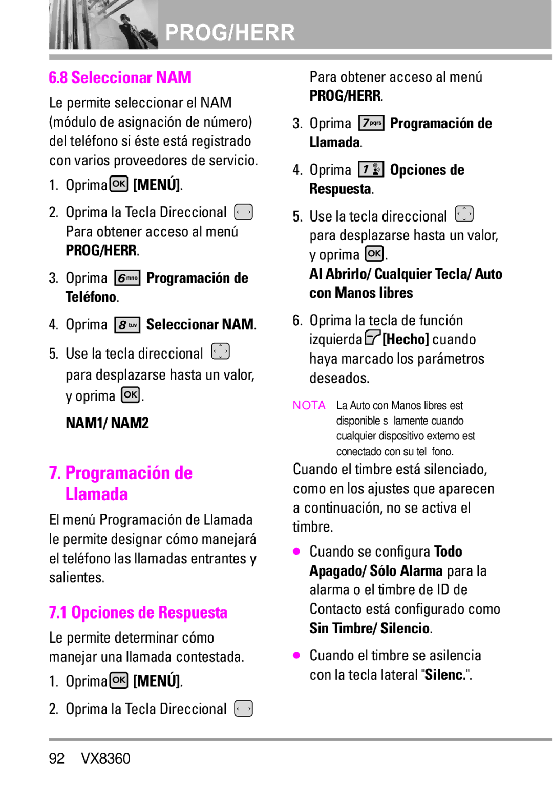 Verizon VX8360 manual Programación de Llamada, Seleccionar NAM, Opciones de Respuesta 