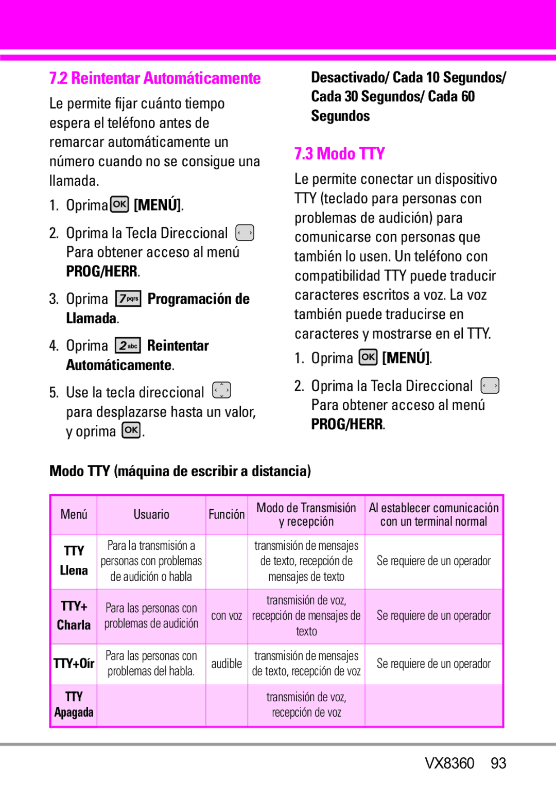 Verizon VX8360 manual Cada 30 Segundos/ Cada, Modo TTY máquina de escribir a distancia, Desactivado/ Cada 10 Segundos 