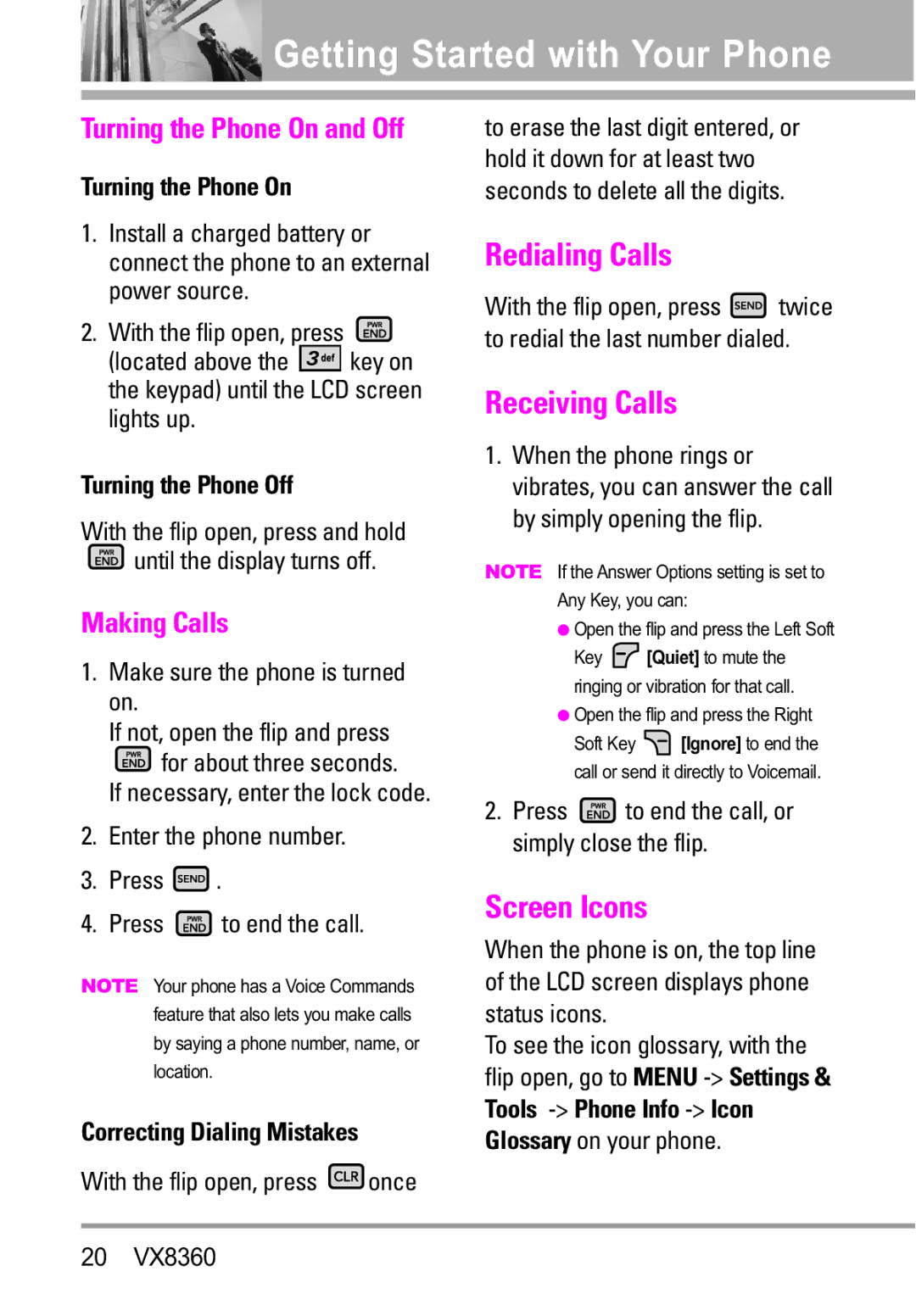 Verizon VX8360 manual Redialing Calls, Receiving Calls, Screen Icons, Turning the Phone On and Off, Making Calls 