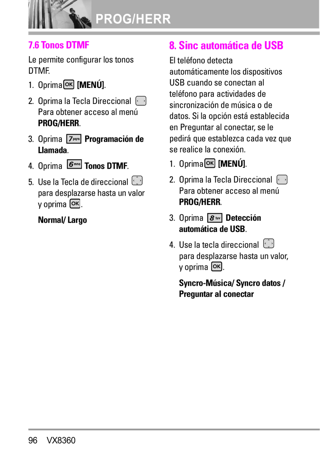 Verizon VX8360 manual Sinc automática de USB, Oprima Tonos Dtmf, Normal/ Largo 