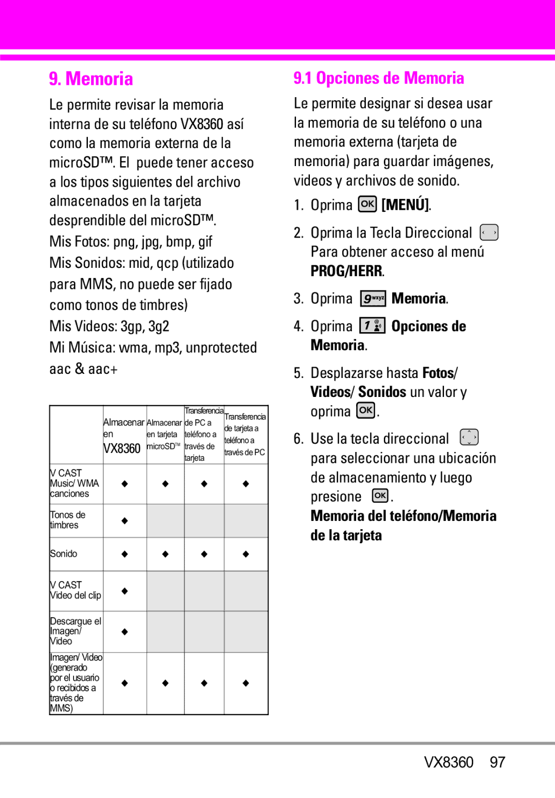 Verizon VX8360 manual Opciones de Memoria, Videos/ Sonidos un valor y oprima 