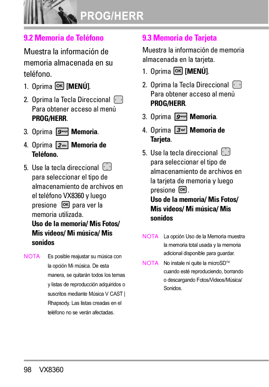 Verizon VX8360 manual Memoria de Tarjeta, Oprima Memoria de Teléfono, La tarjeta de memoria y luego presione 