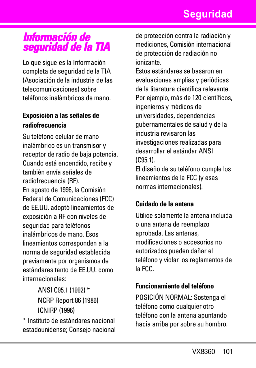 Verizon VX8360 manual Seguridad, Cuidado de la antena, Funcionamiento del teléfono 