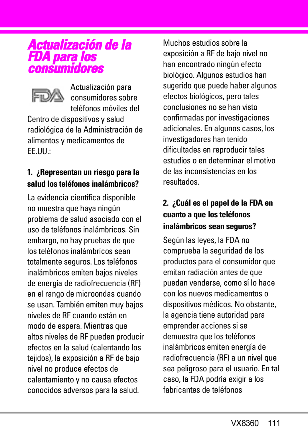 Verizon VX8360 manual Actualización de la FDA para los consumidores 