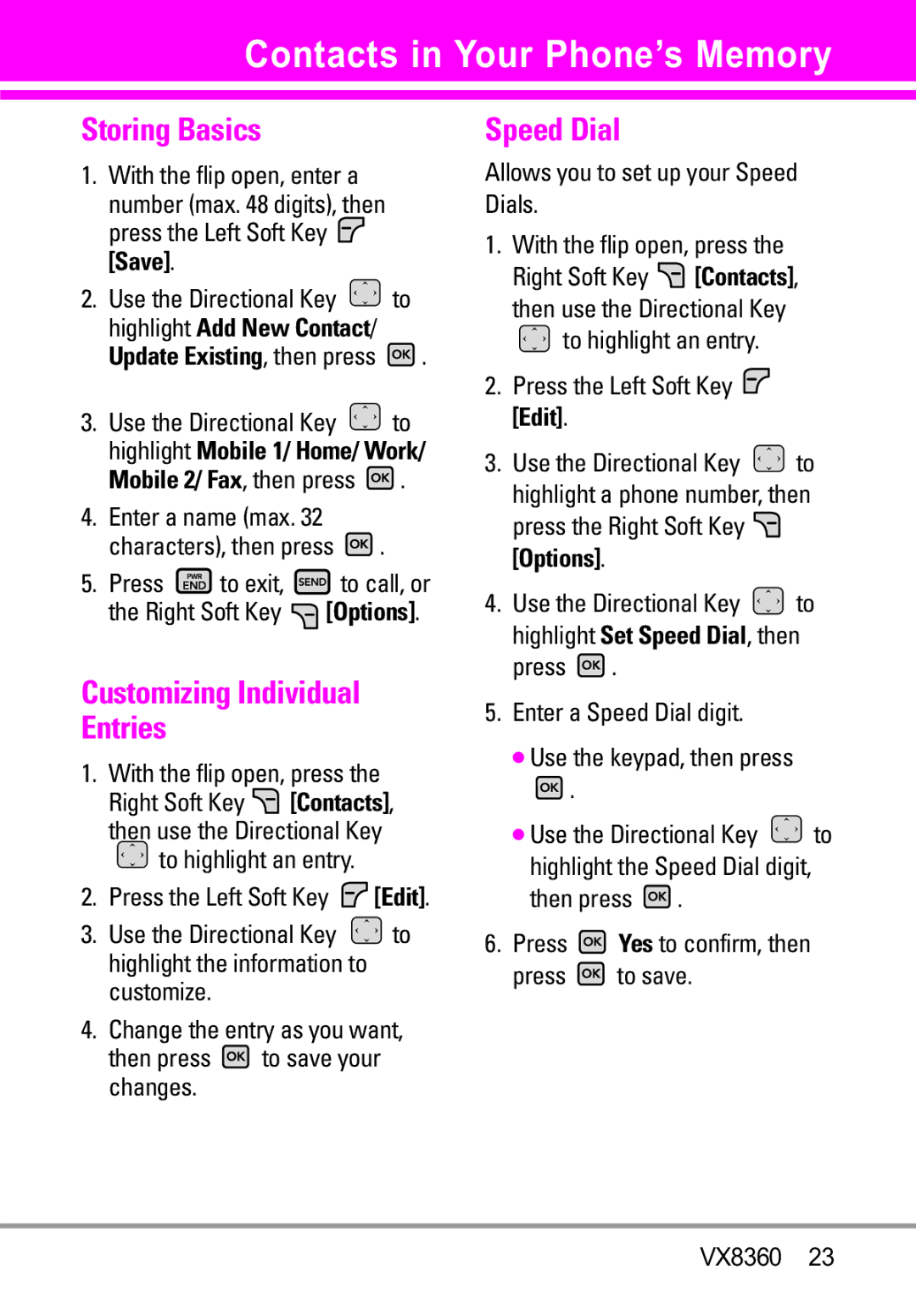 Verizon VX8360 manual Contacts in Your Phone’s Memory, Storing Basics, Customizing Individual Entries, Speed Dial 