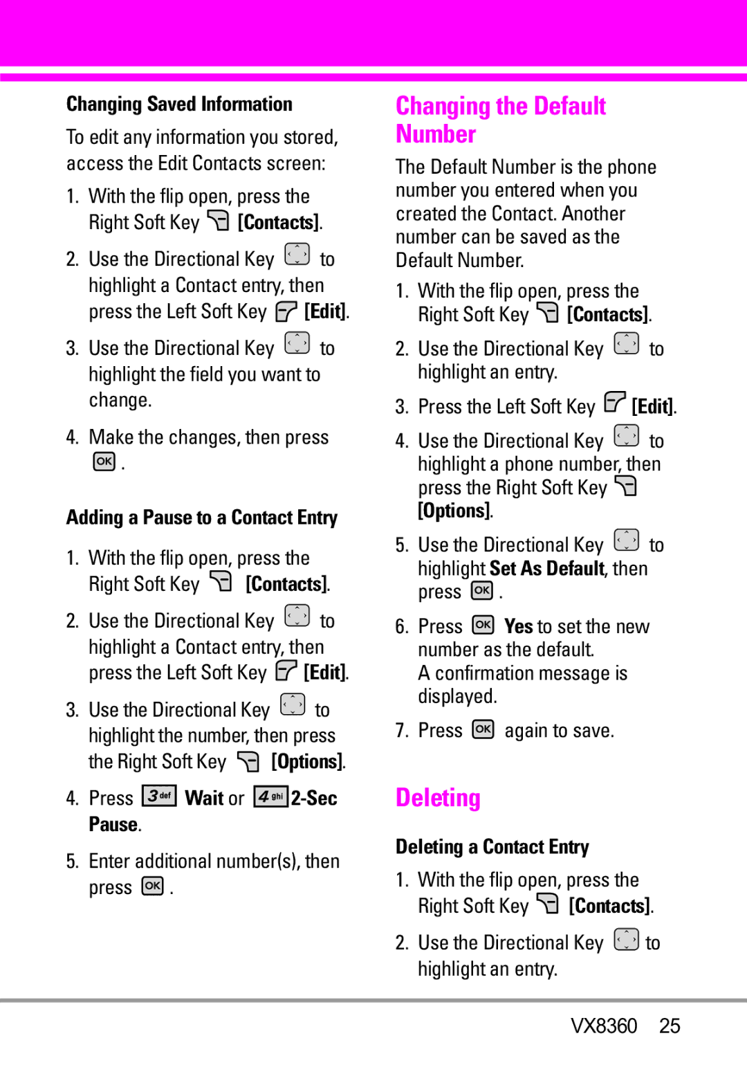 Verizon VX8360 Changing the Default Number, Deleting, Changing Saved Information, Highlight Set As Default, then press 