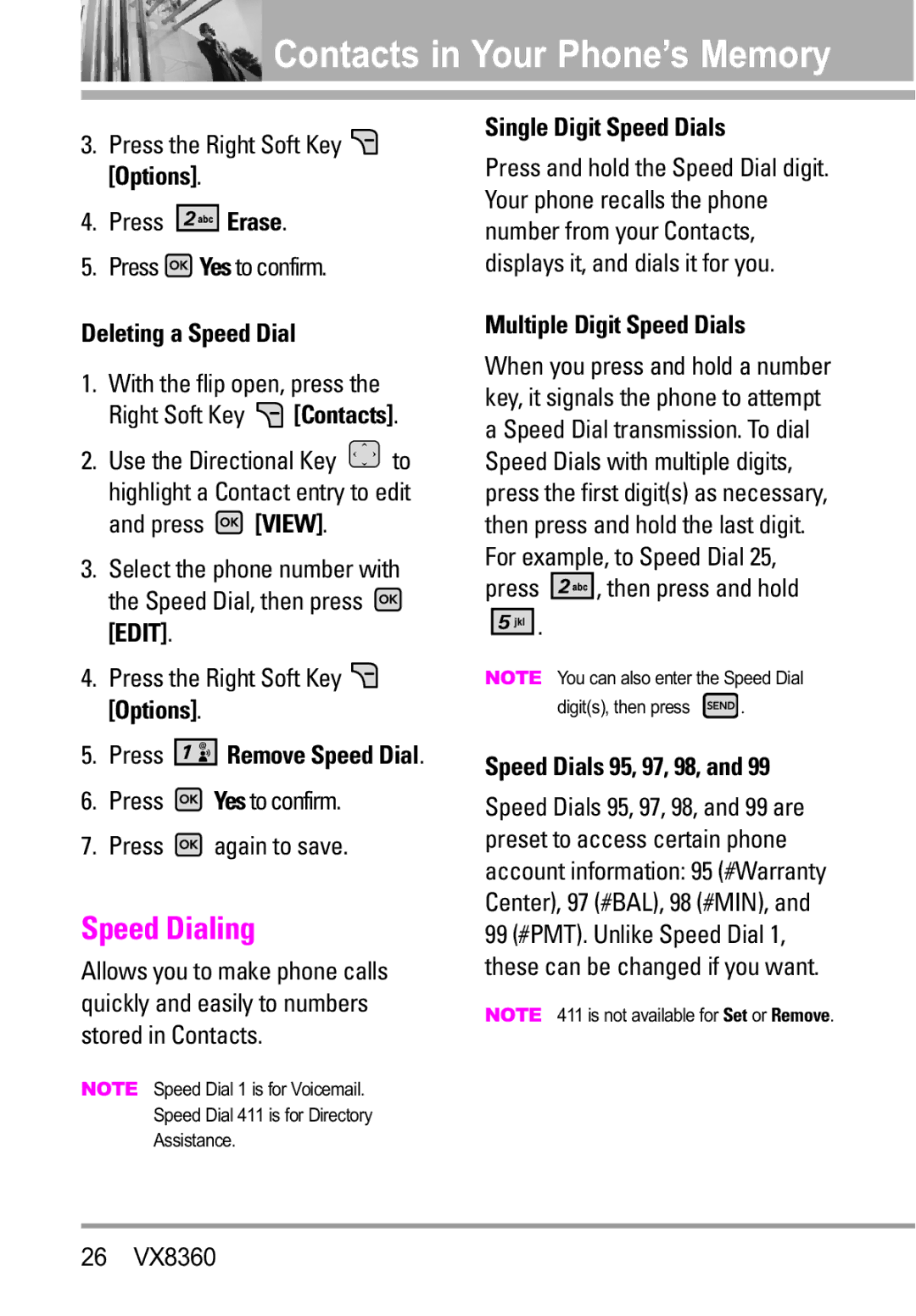 Verizon VX8360 manual Speed Dialing, Deleting a Speed Dial, Single Digit Speed Dials, Multiple Digit Speed Dials 