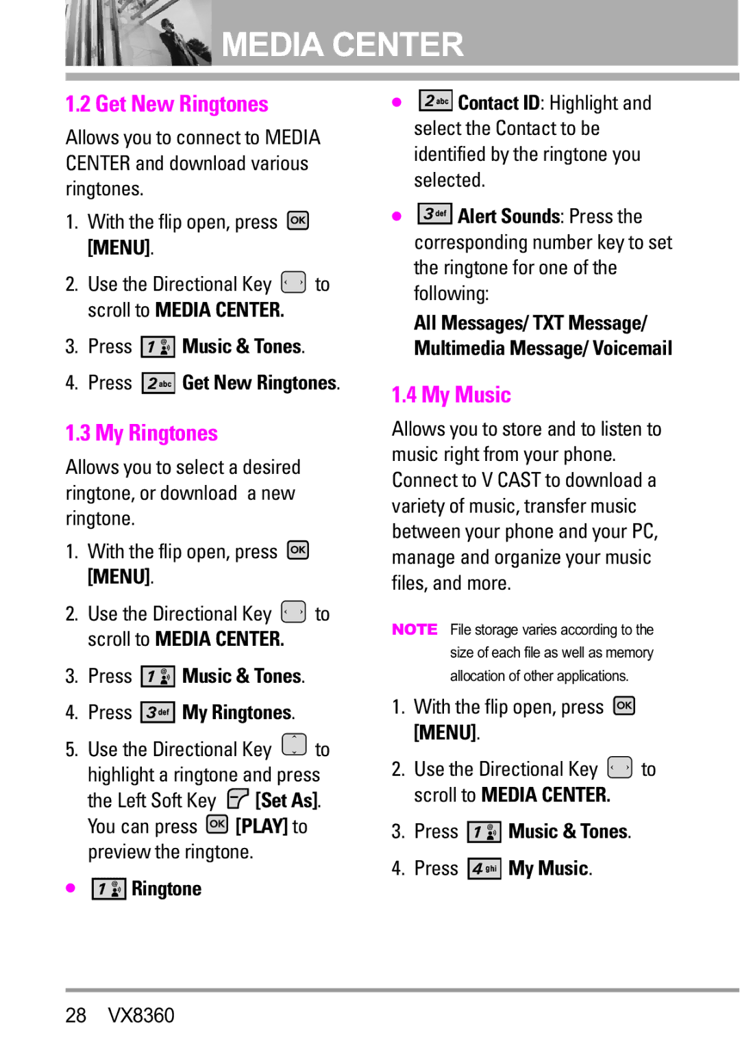 Verizon VX8360 manual Get New Ringtones, Press Music & Tones Press My Ringtones, Press Music & Tones Press My Music 