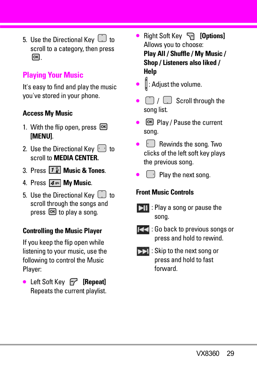 Verizon VX8360 manual Playing Your Music, Access My Music, Controlling the Music Player, Front Music Controls 