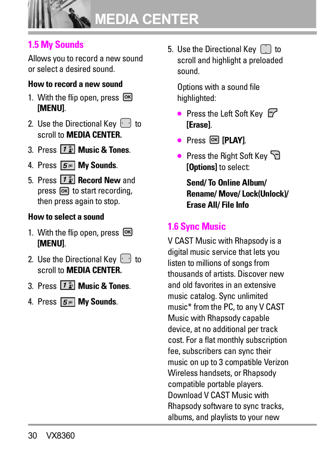 Verizon VX8360 manual Sync Music, How to record a new sound, Press Music & Tones Press My Sounds, How to select a sound 