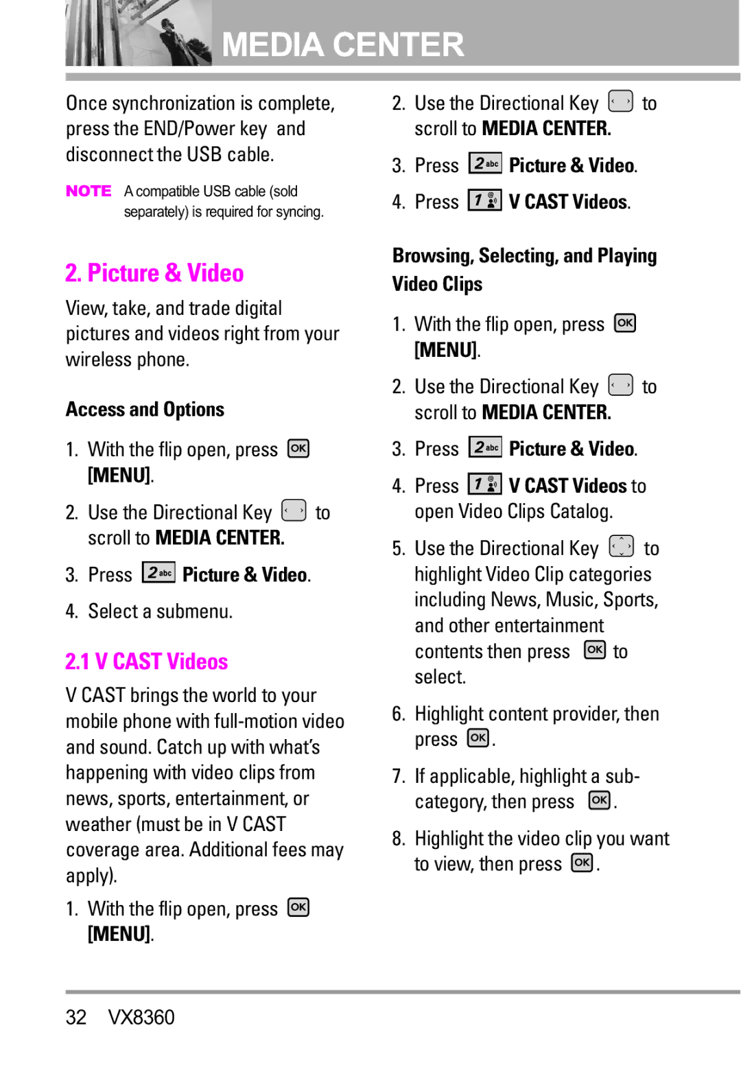 Verizon VX8360 manual Cast Videos, Press Picture & Video, Select a submenu 