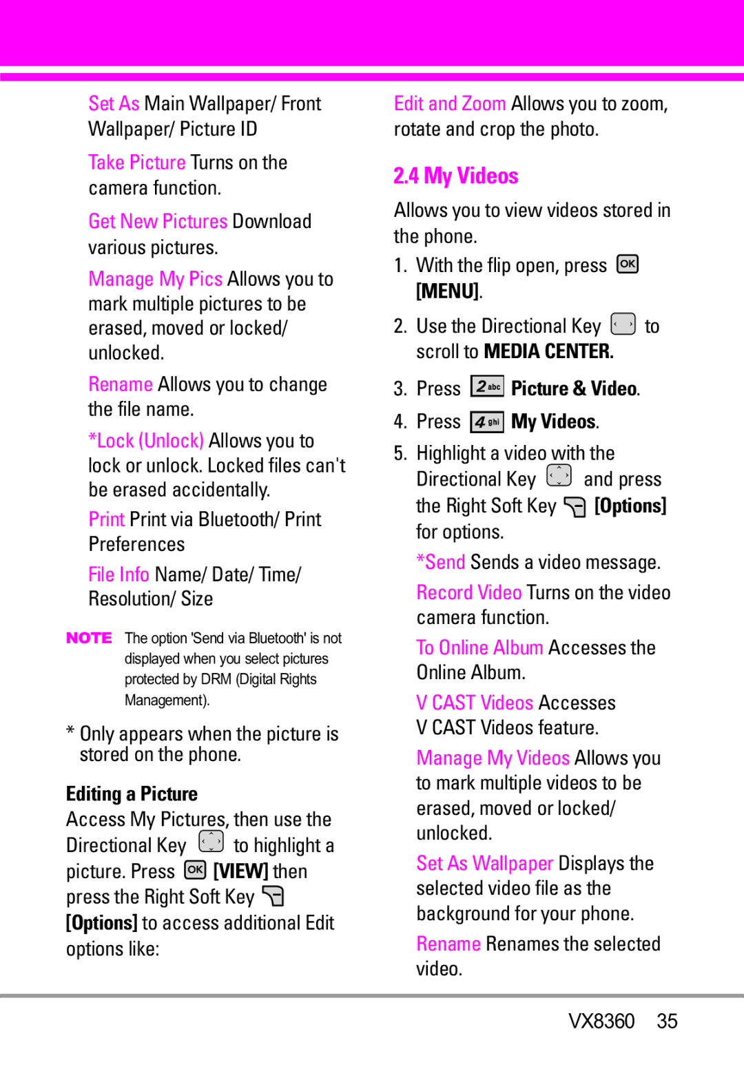 Verizon VX8360 manual Editing a Picture, Press Picture & Video Press My Videos 