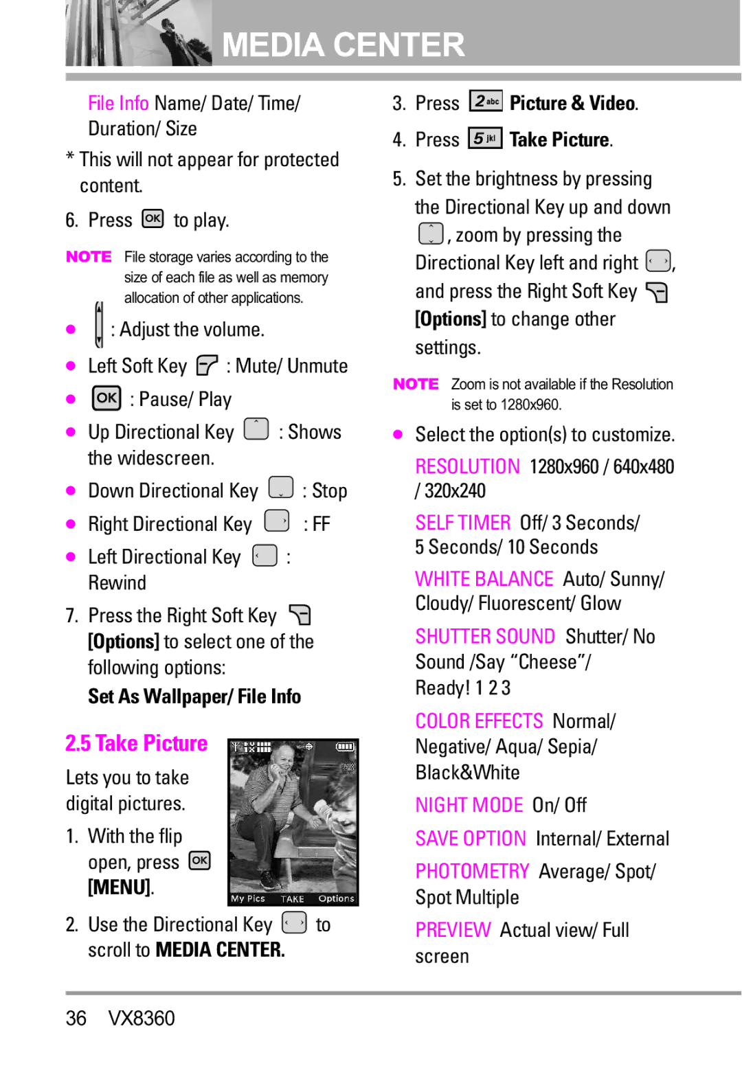 Verizon VX8360 manual Set As Wallpaper/ File Info, Press Picture & Video Press Take Picture 