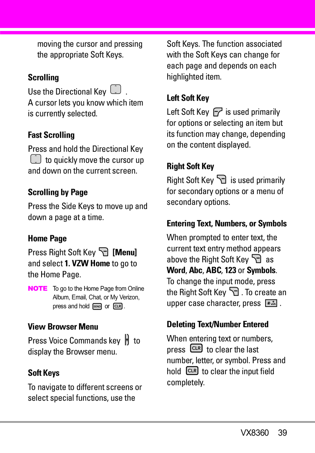 Verizon VX8360 manual Fast Scrolling, Scrolling by, Home, View Browser Menu, Soft Keys, Left Soft Key, Right Soft Key 