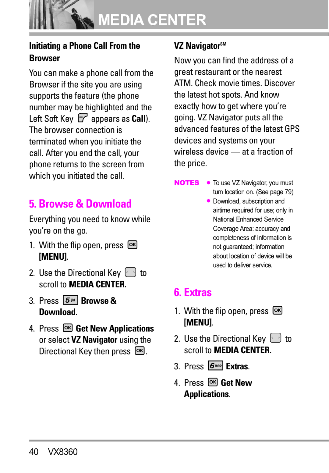 Verizon VX8360 manual Browse & Download, Initiating a Phone Call From the Browser, VZ NavigatorSM, Press Extras 