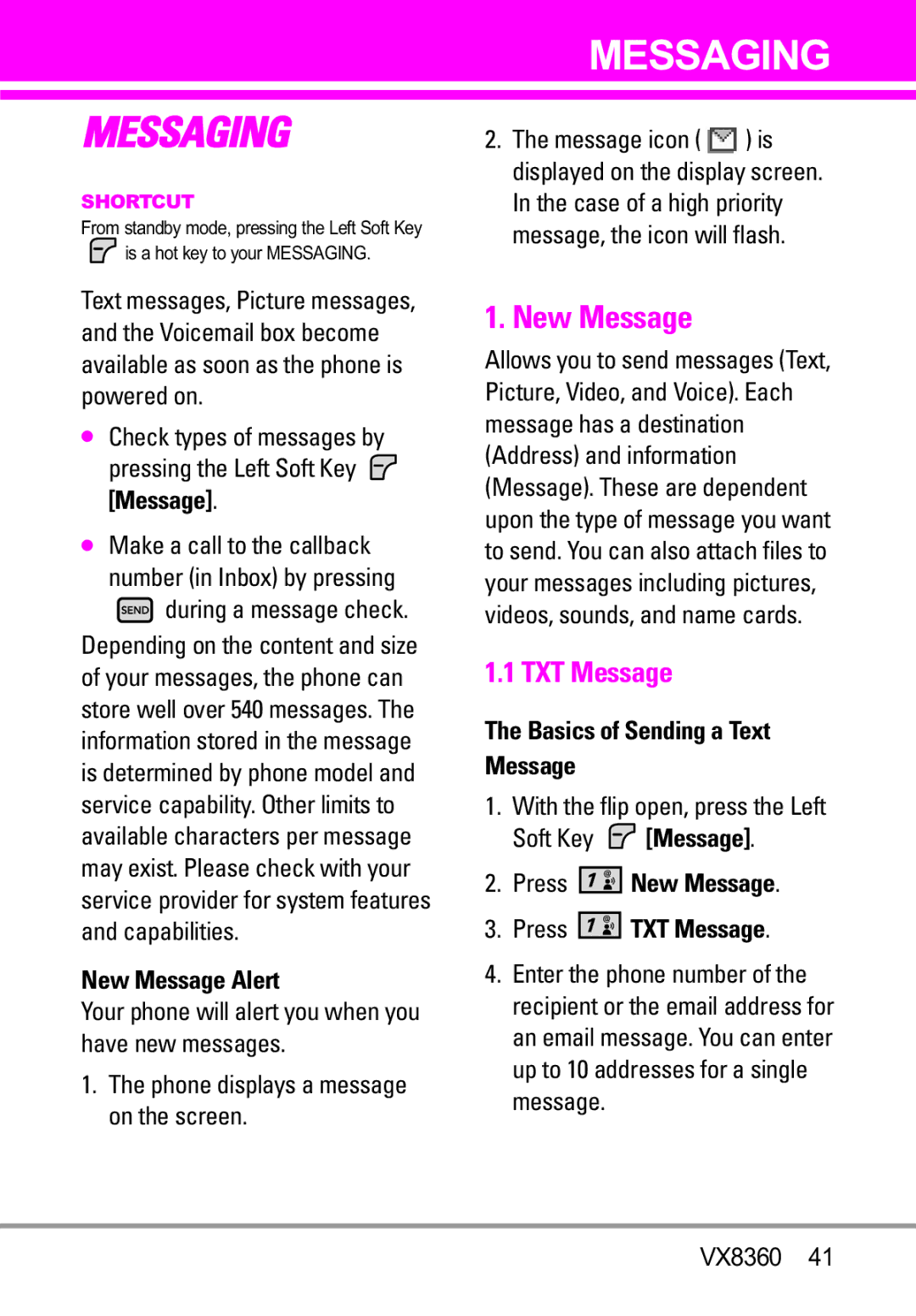 Verizon VX8360 manual New Message Alert, Basics of Sending a Text Message, Press New Message Press TXT Message 