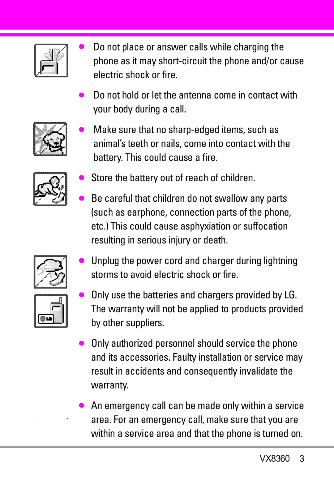 Verizon VX8360 manual Store the battery out of reach of children 