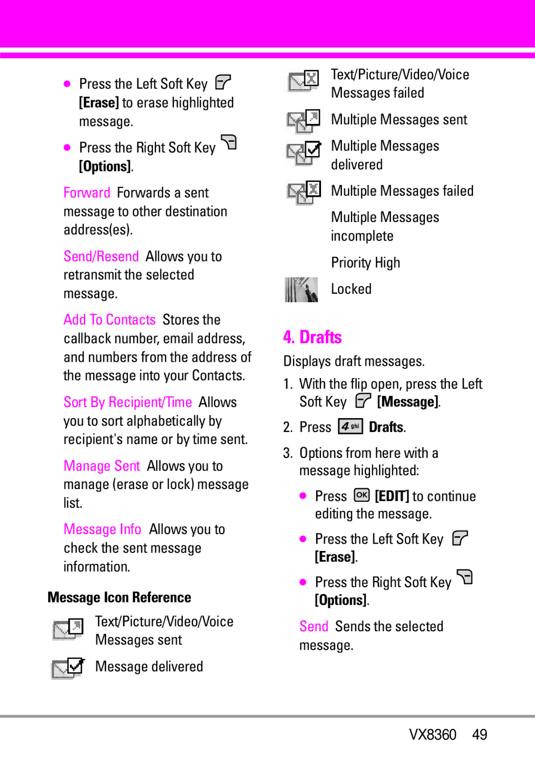 Verizon VX8360 manual Drafts, Manage Sent Allows you to manage erase or lock message list, Multiple Messages failed 