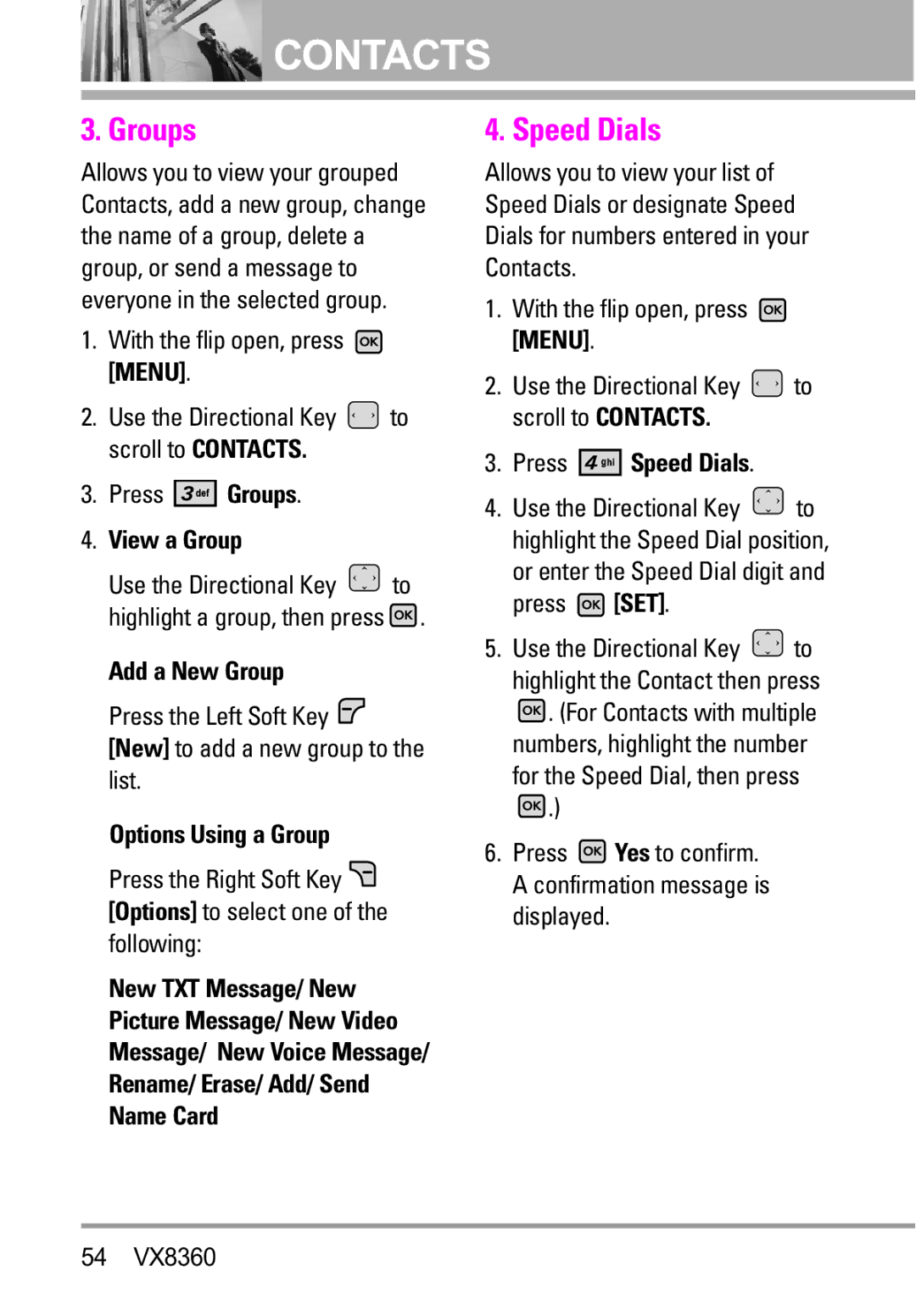 Verizon VX8360 manual Groups, View a Group, Add a New Group, Press Speed Dials 