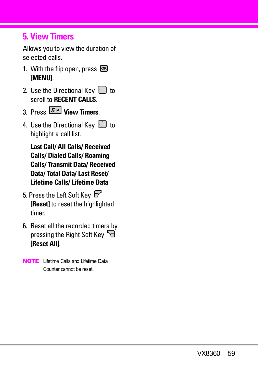 Verizon VX8360 manual Press View Timers, Use the Directional Key to highlight a call list 