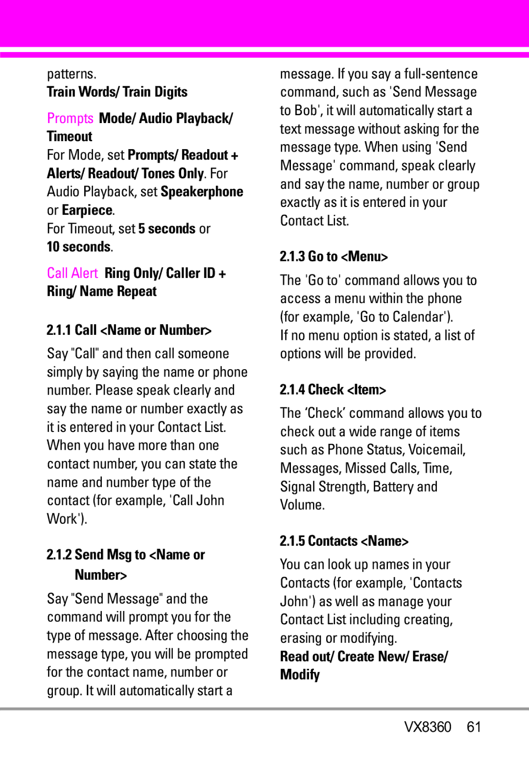 Verizon VX8360 manual Go to Menu, Check Item, Contacts Name, Read out/ Create New/ Erase/ Modify 