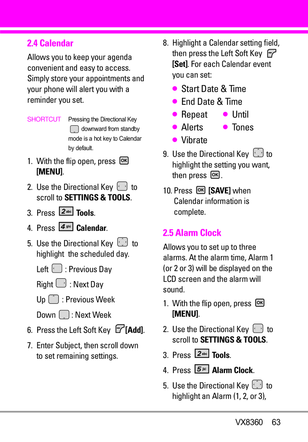 Verizon VX8360 manual Press Calendar, Press Alarm Clock 