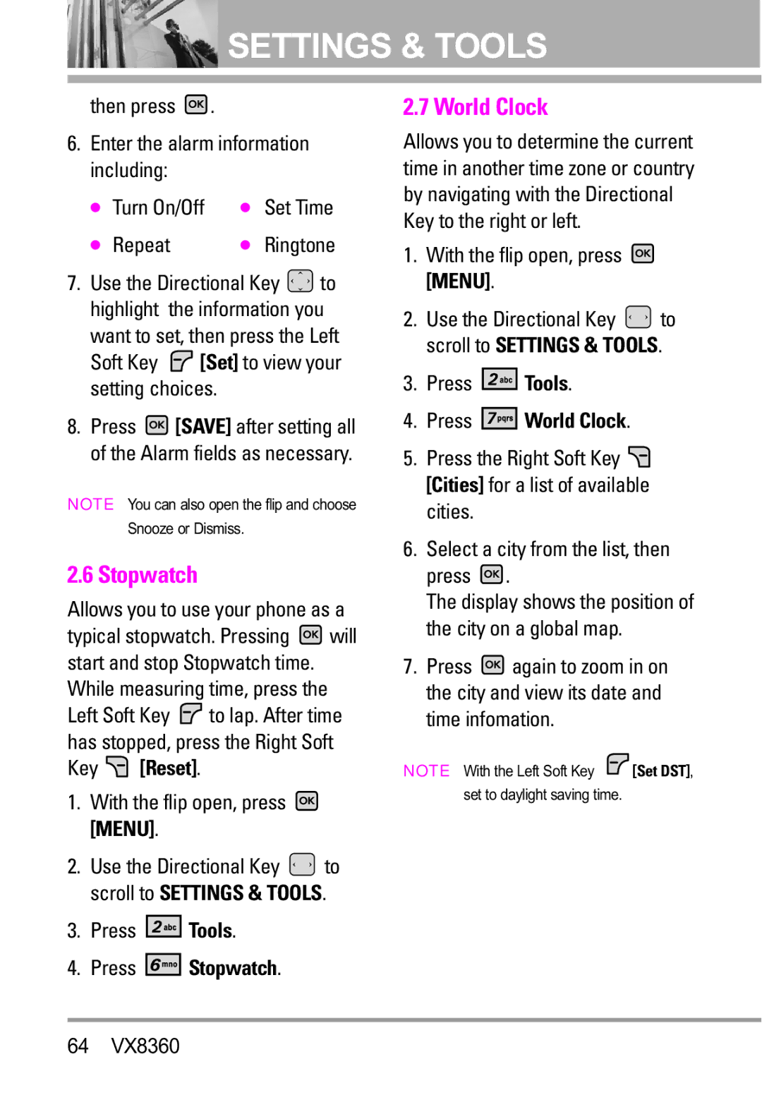 Verizon VX8360 manual Key Reset, Press Stopwatch, Press World Clock 