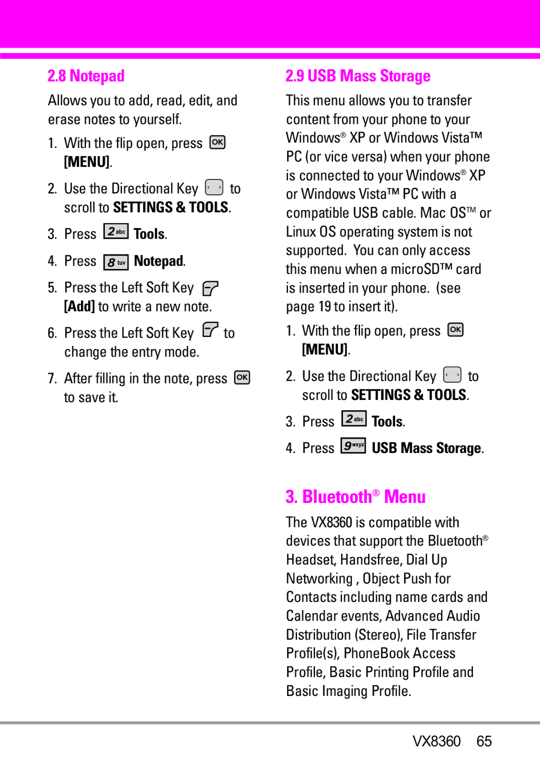 Verizon VX8360 manual Bluetooth Menu, USB Mass Storage, Press Notepad, After filling in the note, press to save it 