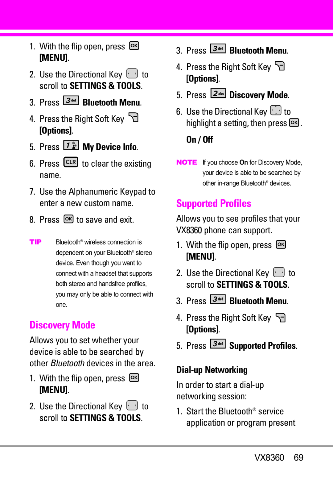 Verizon VX8360 manual Discovery Mode, Supported Profiles 