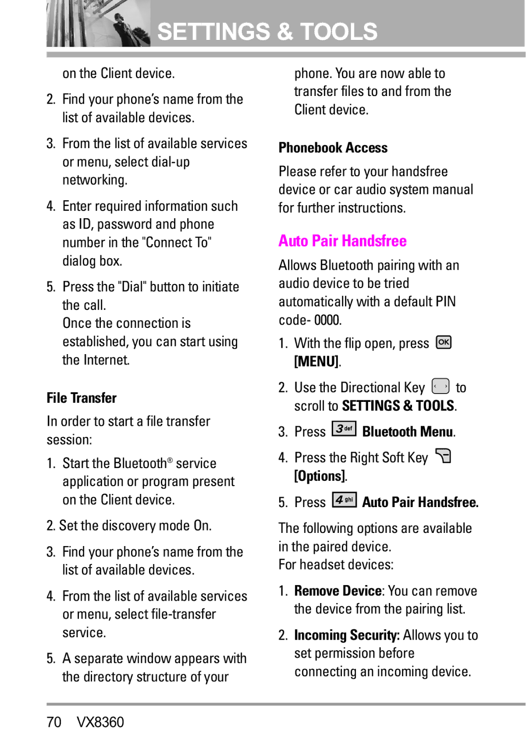 Verizon VX8360 manual File Transfer, Phonebook Access, Press Auto Pair Handsfree 