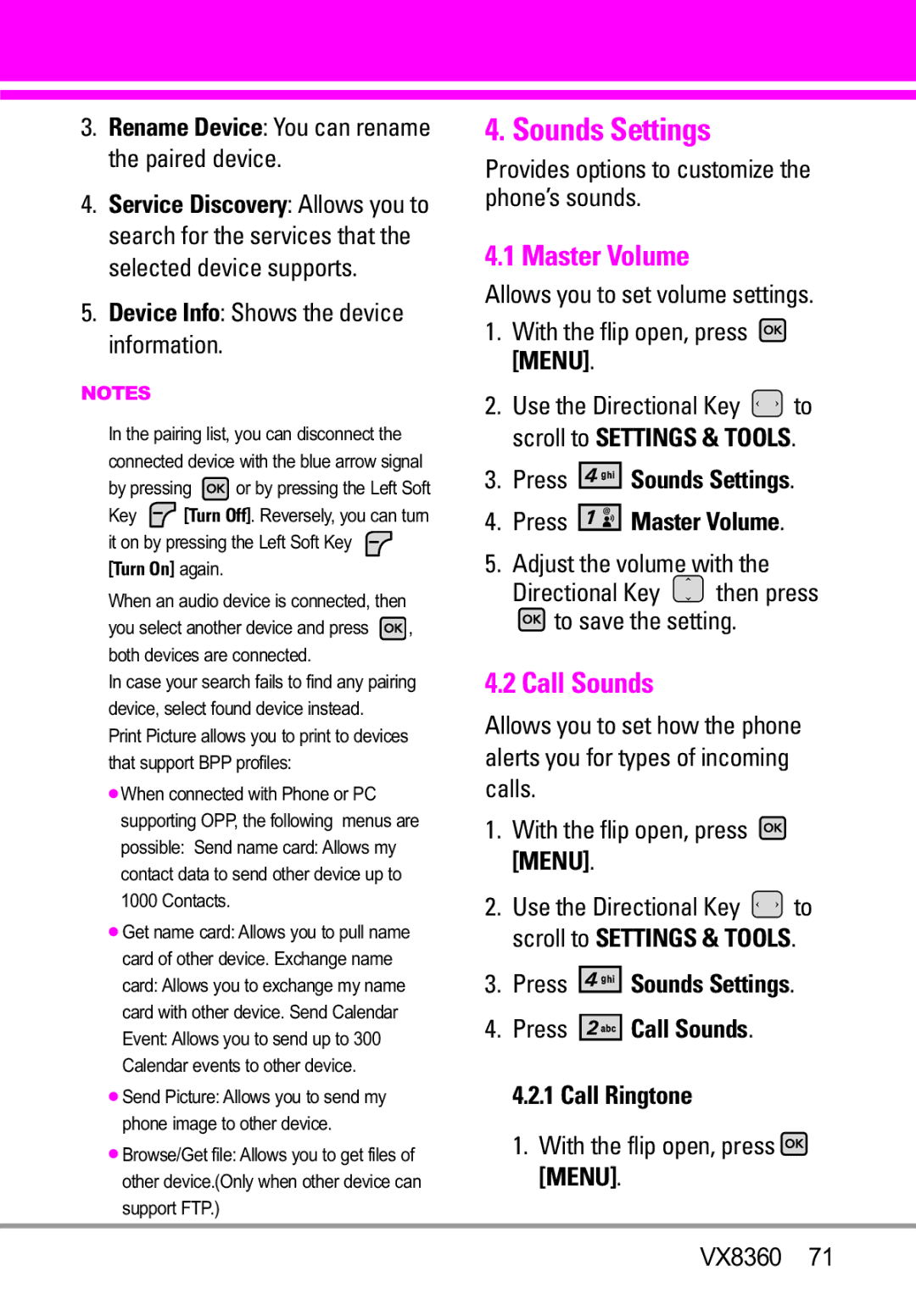 Verizon VX8360 manual Sounds Settings, Master Volume, Call Sounds 