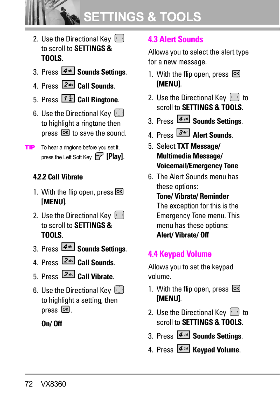 Verizon VX8360 manual Alert Sounds, Keypad Volume 