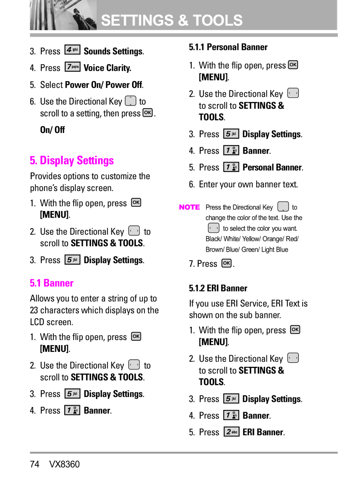 Verizon VX8360 manual Display Settings, Banner 