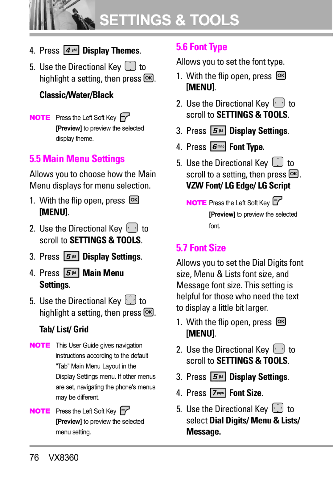 Verizon VX8360 manual Main Menu Settings, Font Type, Font Size 