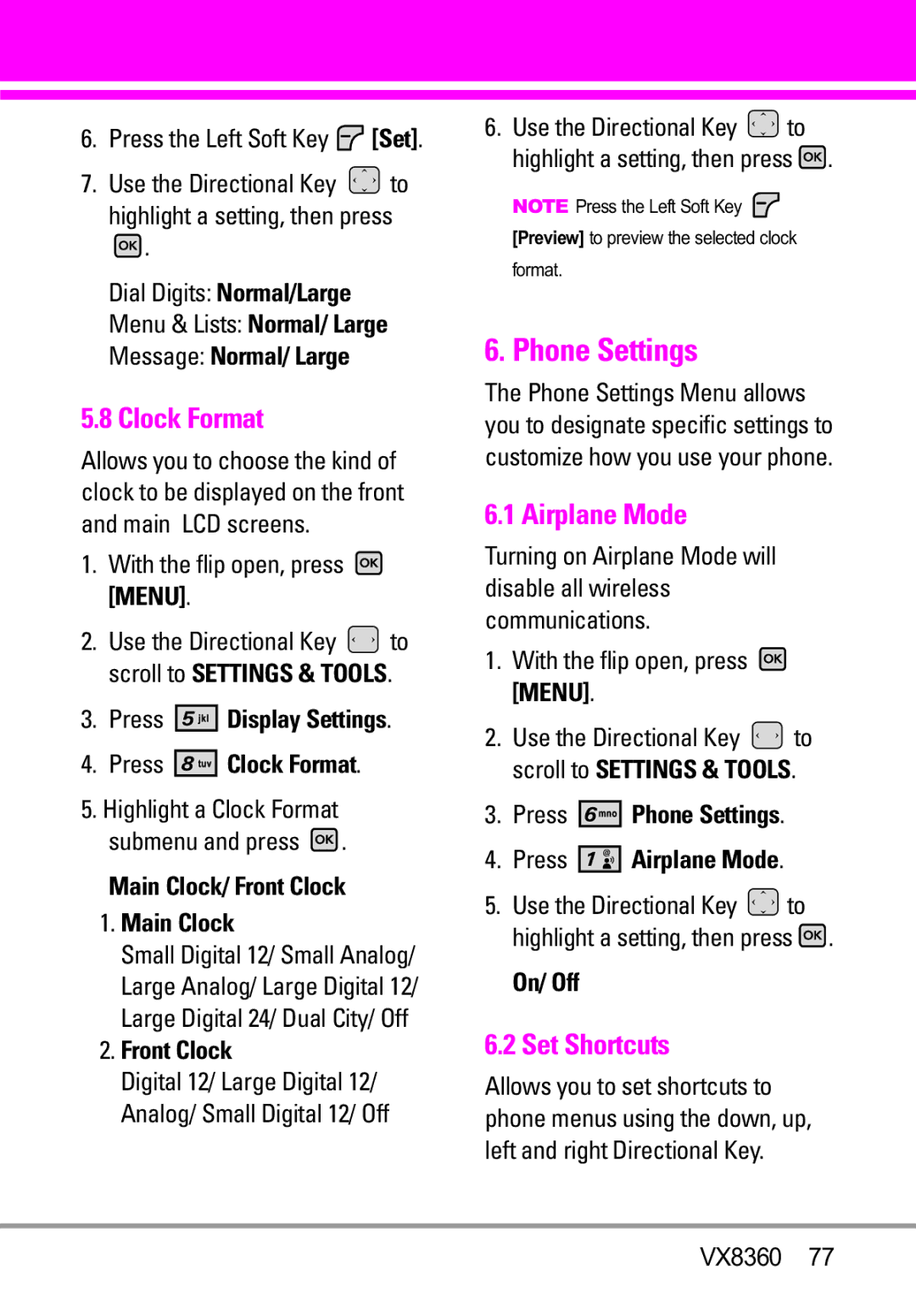 Verizon VX8360 manual Phone Settings, Clock Format, Airplane Mode, Set Shortcuts 