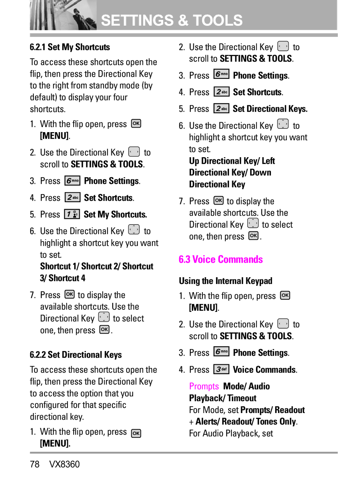 Verizon VX8360 Set My Shortcuts, Press Phone Settings Press Set Shortcuts, Shortcut 1/ Shortcut 2/ Shortcut 3/ Shortcut 