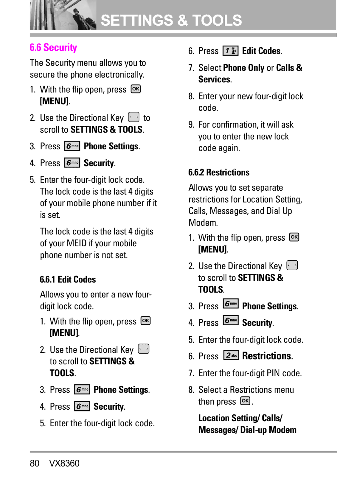 Verizon VX8360 manual Press Phone Settings Press Security, Press Edit Codes Select Phone Only or Calls & Services 